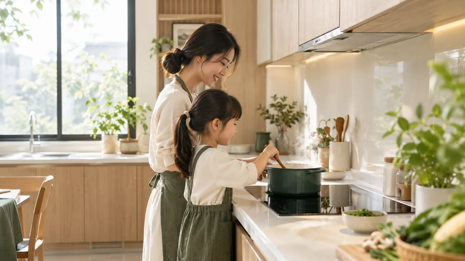 Mẹ và con gái cùng nấu ăn trong căn bếp ấm cúng với bếp từ hiện đại